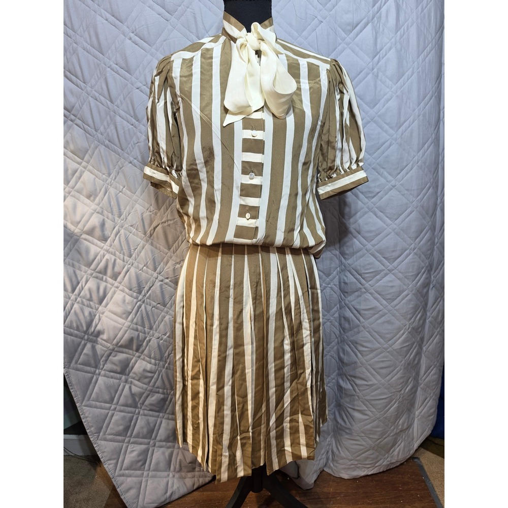 Albert Nipon Vintage 80s Striped Skirt Set Brown White Bow Union Made 4 READ